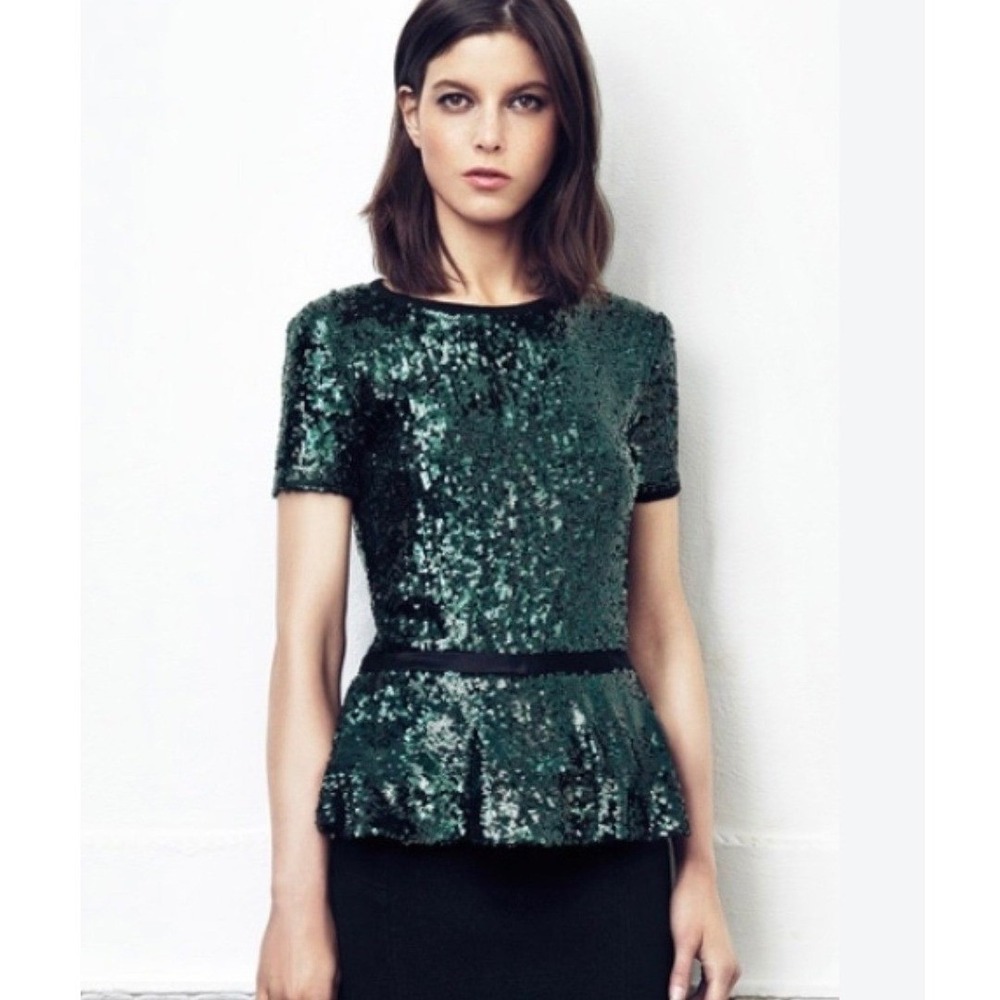 Tory Burch Sequin Peplum Top Women Medium Emerald Green Excellent Holiday Glam